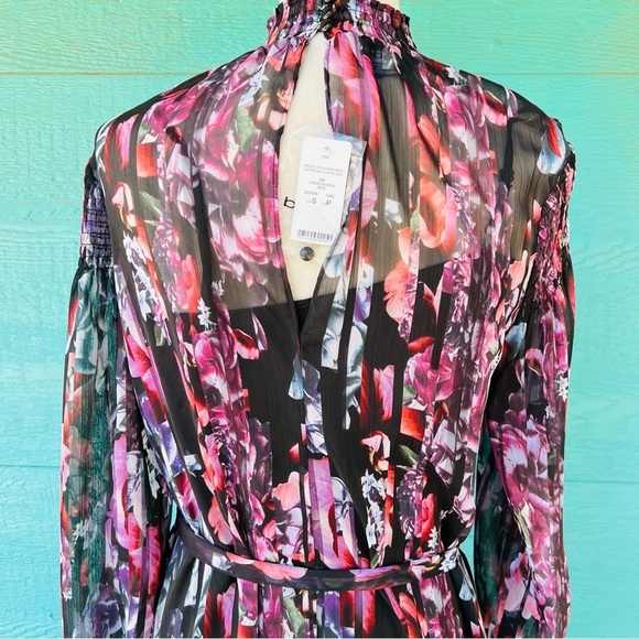 BEBE SHEER OVERLAY BLACK SLIP DRESS FLORAL PRINT BALLOON SLEEVES SIZE SMALL NWT - Picture 6 of 12
